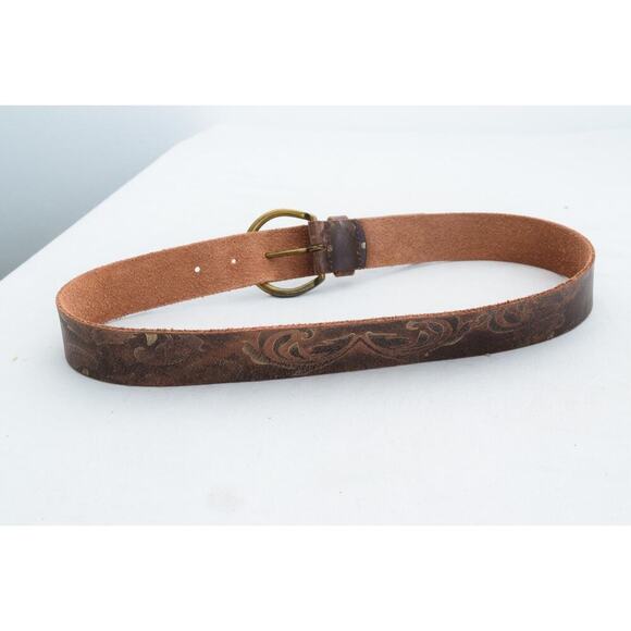 Buckle Leather Belt Medium X 1.5" Womens Brass Buckle Gold Brown Design - Picture 3 of 4